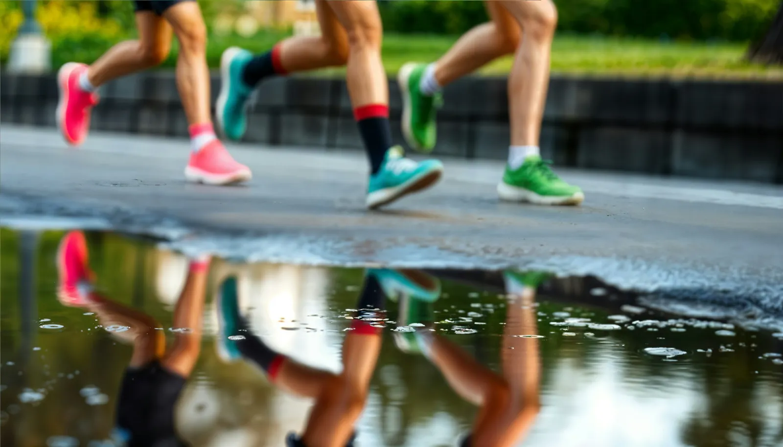 Runners in colorful sneakers reflected in a puddle